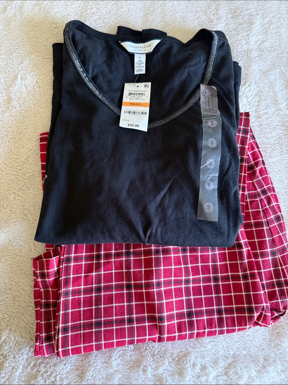 Charter Club Black Top with Red Plaid Pajama Pants. Women’s